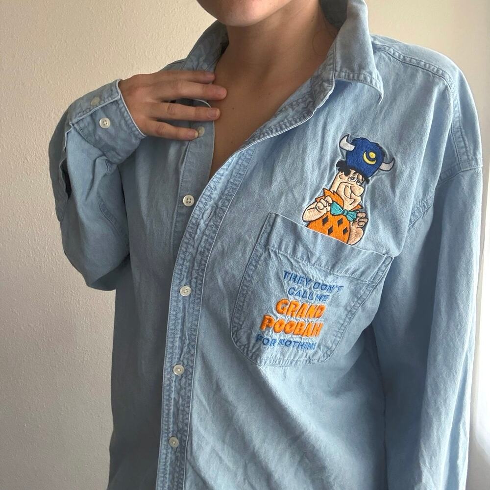 Vintage 90s Fred Flintstone denim Button Up Warner Bros streetwear retro kidcore